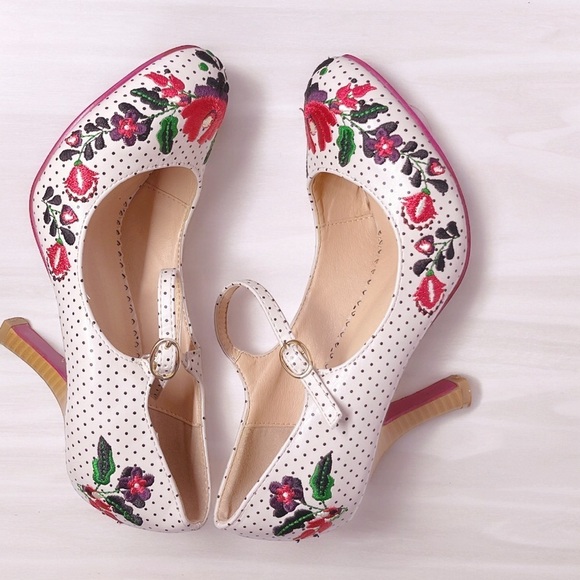 Dancing Days Shoes - Vintage Pin-Up Retro Mary Jane Heels D&G Inspired Tan Floral Dancing Days(38)7.5